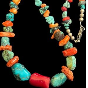 Vintage Navajo Coral Turquoise Nugget Sterling Silver Beaded Necklace